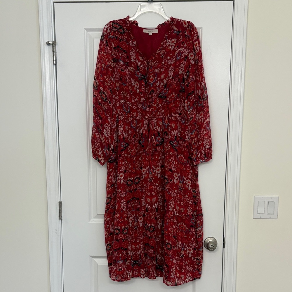 LOFT Red Floral Long Sleeve Midi Dress - Picture 4 of 7